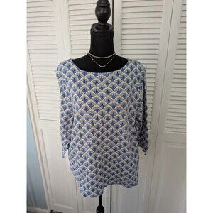 Croft & Barrow Top 3/4 Sleeve Blouse Shirt Women's XXL Cotton Blue Yellow Tulips
